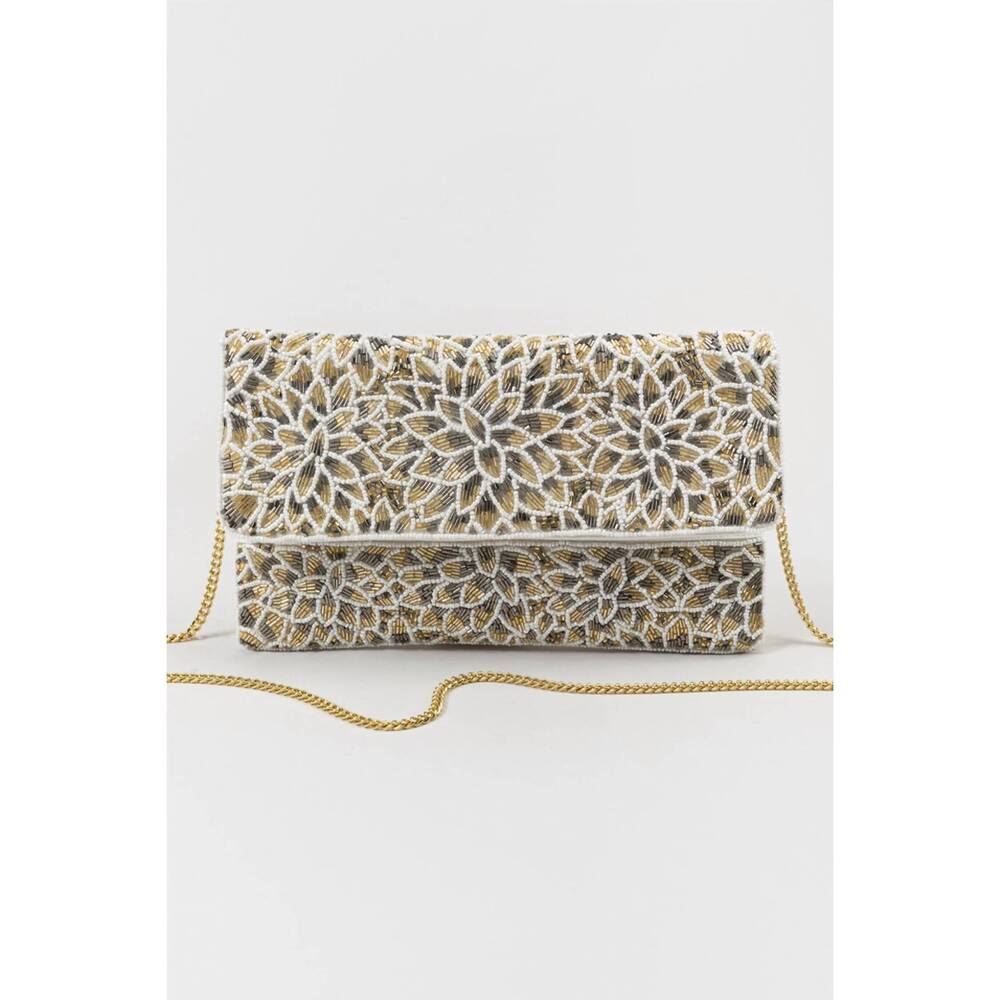 NEW PIZZAZZ floral beaded clutch in silver/gold